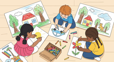 Children drawing and coloring pictures of houses, cars, and flowers, developing creativity