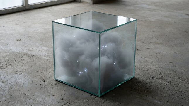 An intriguing art piece presents a pristine glass box enclosing mysterious grey cloud formations and vivid lightning bolts.