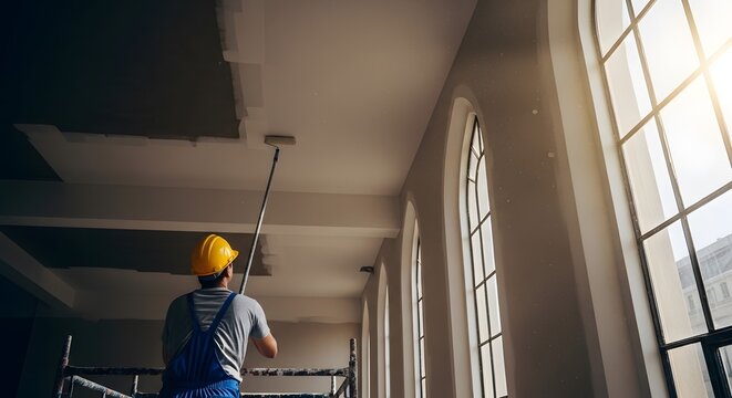 Construction worker painting ceiling in large arched window building.