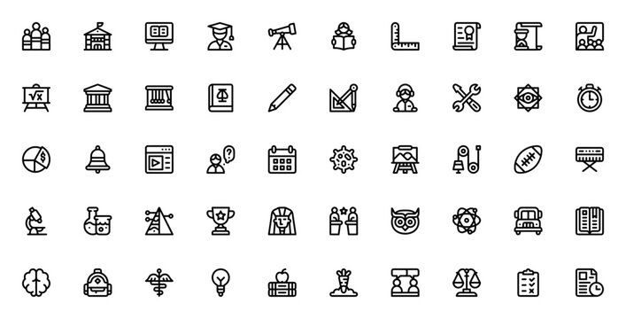 Academy icon set. Education vector icons pack. Includes symbols for school, student, book, study, science, diploma, learning and more. Editable stroke.