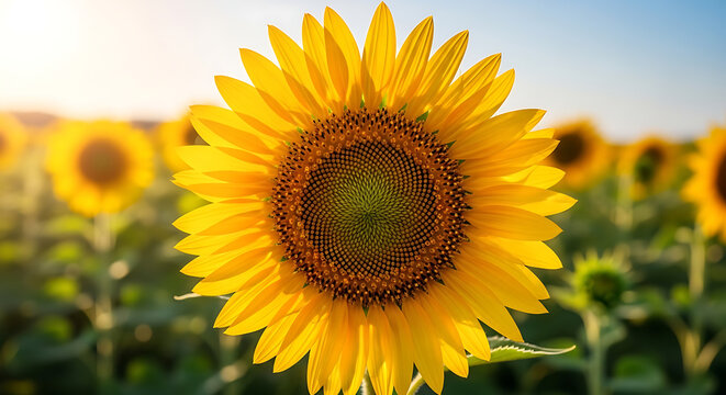 Vibrant yellow sunflower in full golden bloom bathed in warm natural sunlight against a blurred bokeh background of a rural farm field during summer solstice.