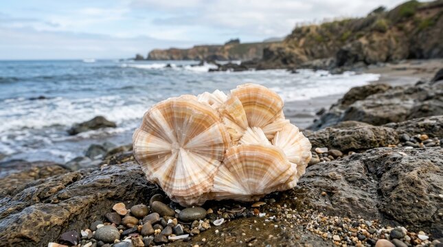 Radial Thomsonite Crystal Cluster on a Rocky Beach Shoreline with Ocean Waves