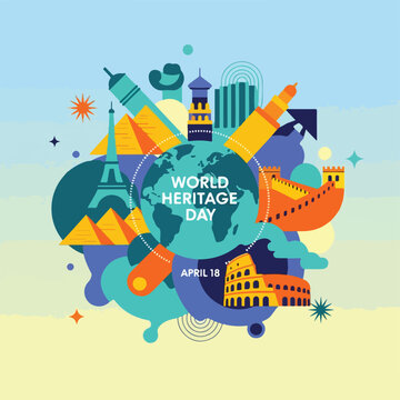 Colorful illustration celebrating World Heritage Day with landmarks
