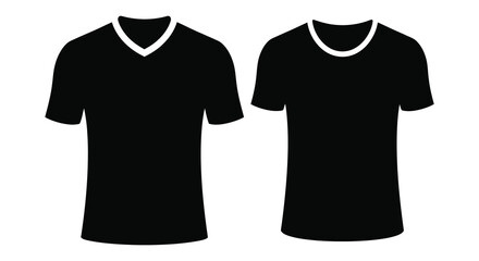 Two black t shirts are displayed against a white background showcasing different necklines in a flat silhouette high quality