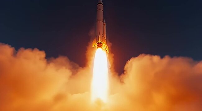 powerful rocket launching into the dark sky with bright flames and smoke