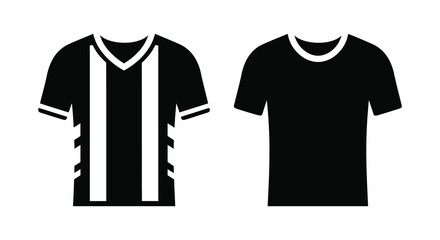 Two black t shirts are displayed one with a v neck and vertical stripe presented as a stark silhouette