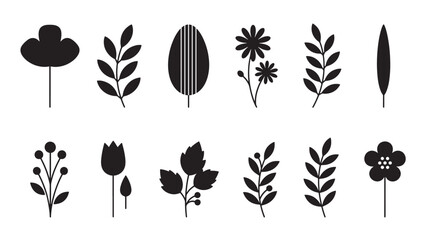 Fototapeta premium Floral and leaf silhouette icon set with minimalist design, featuring simple botanical elements and natural motifs for graphic design.