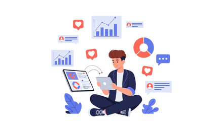 A person sits cross-legged analyzing data on a tablet surrounded by various charts and graphs