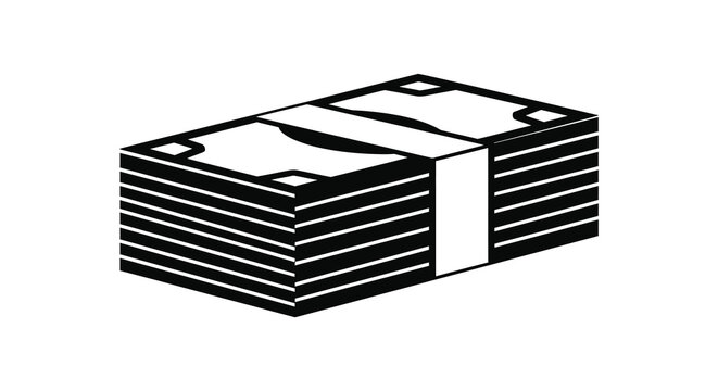A stack of one hundred dollar bills is depicted in a minimalist black and white graphic silhouette