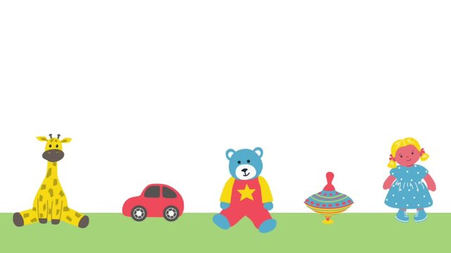 Toys Animation. Moving Childrens Toys. Loop Background. Car, Doll, Giraffe, Teddy Bear, Spinning Top. Toys for Little Children. Video in Red, Blue, Yellow, Green, White