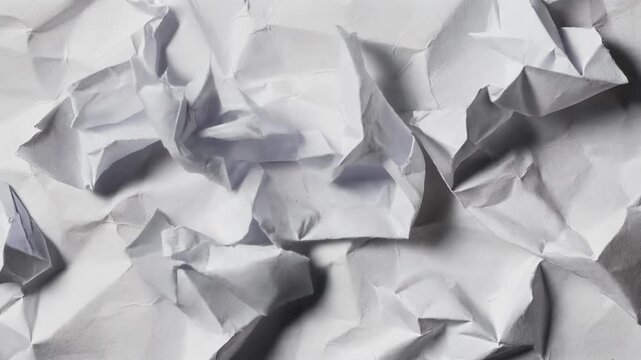 Close up of crumpled white paper texture background with shadows and highlights