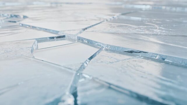 Close up of broken glass pieces with sharp edges on a flat surface in soft natural light
