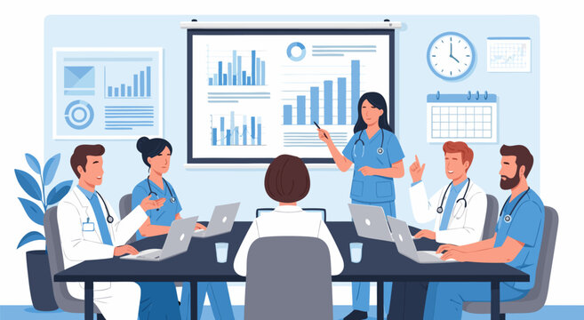 Medical Team Meeting for Health Data Analysis and Strategy Vector Illustration for Healthcare Professionals