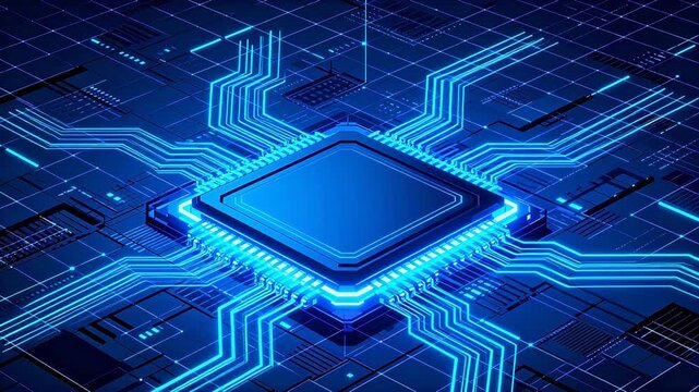 Blue glowing circuit board with central chip