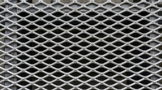 Rough industrial mesh metal texture background with regular grid pattern and silver gray surface, technical functional surface ideal for engineering brand infrastructure company or bold design