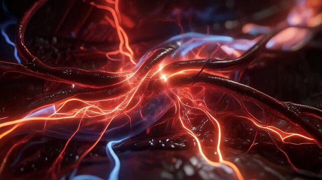 Close up view of glowing red and blue blood vessels and nerve fibers in human body anatomy
