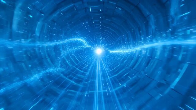 Futuristic blue tunnel with radiating light and energy vortex effect, abstract