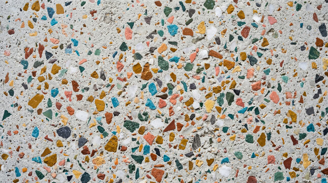 Rough speckled terrazzo texture background with colorful stone chips on pale gray cement, modern architectural surface perfect for interior design brand contemporary brand or stylish design