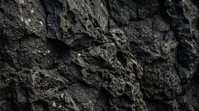 Dark volcanic black texture background with coarse rough basalt surface and raw mineral weight, elemental backdrop perfect for powerful brand spa company or dramatic product design