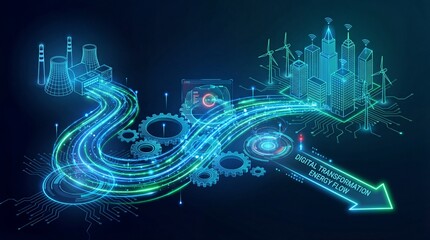 Obraz premium Digital Transformation Energy Flow: From Traditional Industry to Sustainable Smart City Development Concept