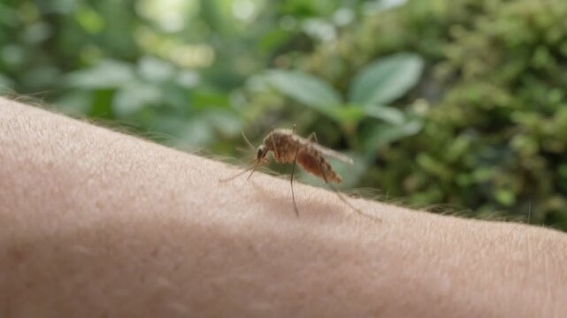 Close up of a mosquito biting human skin surrounded by green natural background