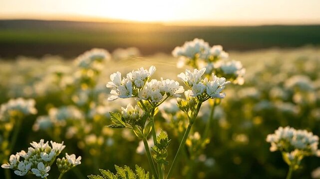 Golden Hour Field Of White Flowers In Bloom.