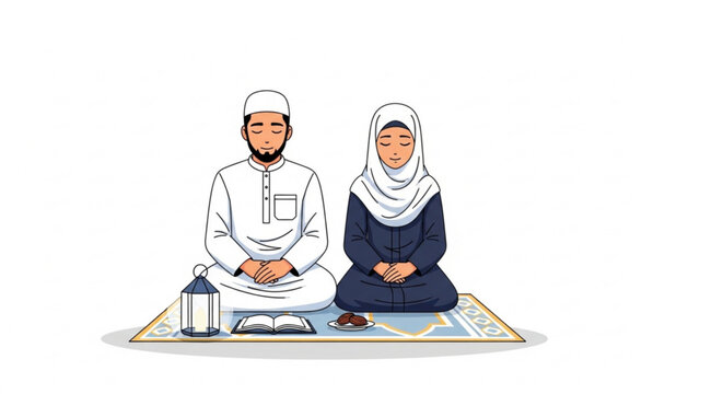 A Muslim couple performing Namaz (prayer) together on a prayer mat with a Quran and lantern