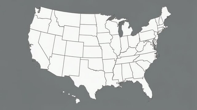 Blank map of United States with state borders on gray background for education and design projects