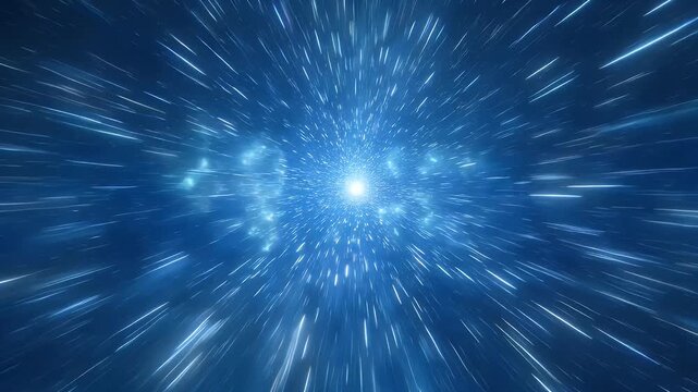 Abstract blue hyperspace jump, light speed travel through space and time