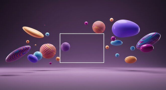 Vibrant spheres and ovals float around a central frame in a 3D rendered colorful scene