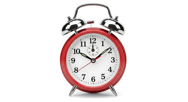 Vintage red oval alarm clock with bell on white background