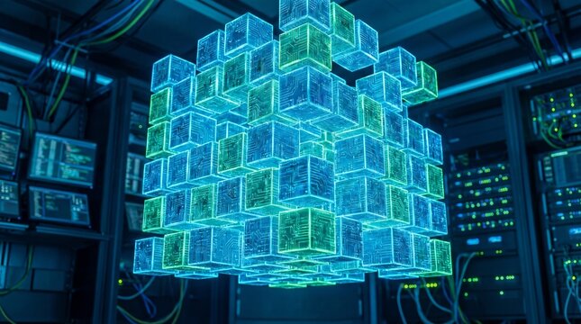 Futuristic glowing data cube structure in a server room, symbolizing big data, blockchain, and AI technology.