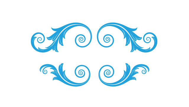 Elegant blue ornamental scroll and swirl designs arranged in a symmetrical pattern for frames, headers, or borders.