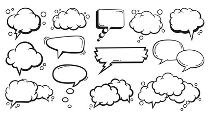 Fototapeta premium Large assortment of various hand-drawn comic style speech bubbles and thought clouds in black and white line art.
