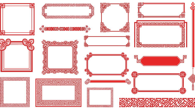 Traditional red Chinese style frames, borders, and decorative dividers with intricate patterns and cloud motifs on white.