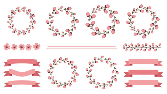 Charming set of pink floral wreaths, borders, and decorative ribbons with small flower buds for feminine and soft designs.