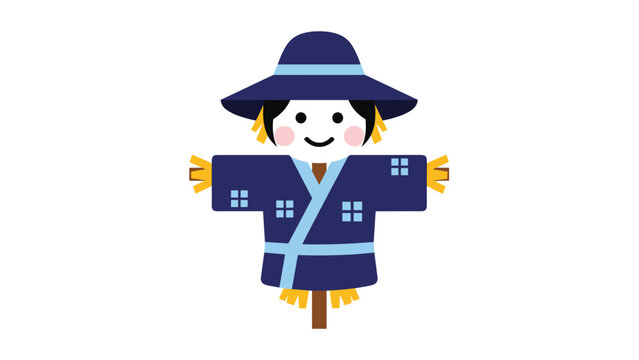 Simple illustration of a scarecrow wearing a blue kimono and a matching hat standing on a white background.