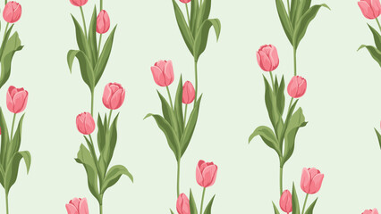 Obraz premium Seamless pattern of pink tulip flowers with green leaves on a light mint green background for nursery decor.