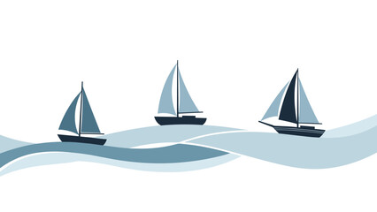 Naklejka premium Three blue sailboats sailing on stylized blue and white waves against a clean white background illustration.