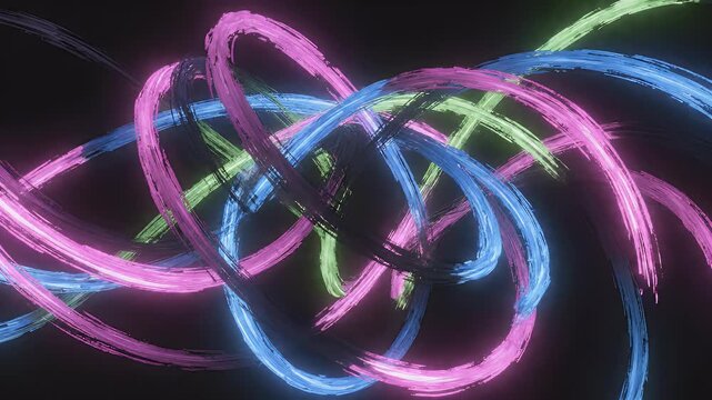 Abstract glowing brushstrokes of pink, blue, and green intertwine in darkness