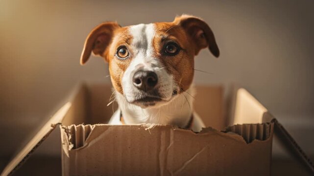 Cute small dog sitting inside a torn cardboard box with soft natural lighting and curious expression