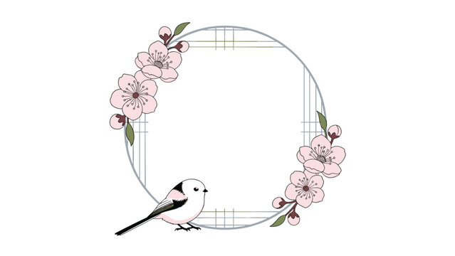 Long-tailed tit bird perched on a branch within a decorative circular frame adorned with pink cherry blossoms on a clean white background.