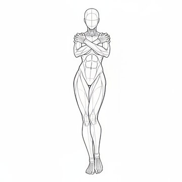 Hand drawn line art female sharp contrapposto crossing arms.