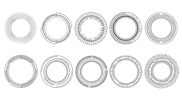 Collection of high-tech futuristic circular interface elements and HUD frames in black and white lines for sci-fi and data visualization projects.