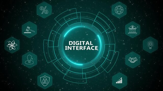 Advanced digital interface environment with interactive technology dashboard and futuristic system computing platform animation
