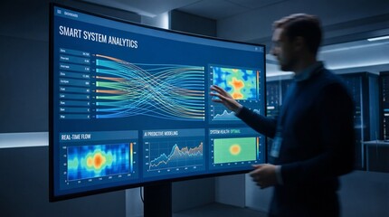 IT Professional Presenting Smart System Analytics on Curved Screen in Data Center