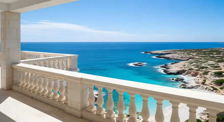 Fototapeta premium Luxurious balcony overlooking a pristine turquoise Mediterranean bay with rocky coastline and clear blue sky on a sunny day