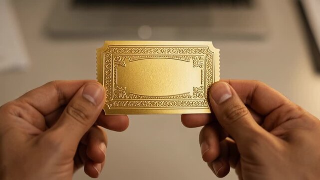 Close up of hands holding a blank ornate gold business card with decorative patterns on a blurred background