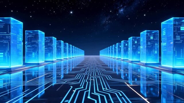 Blue glowing server towers in a futuristic corridor