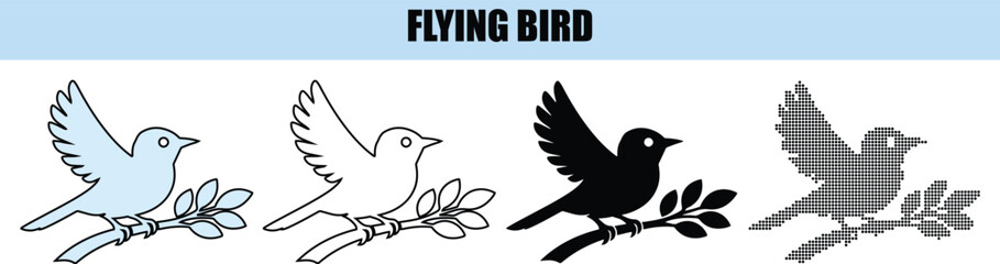 Obraz premium Four Variations of a Bird on a Branch: Outline Silhouette and Dotted Style